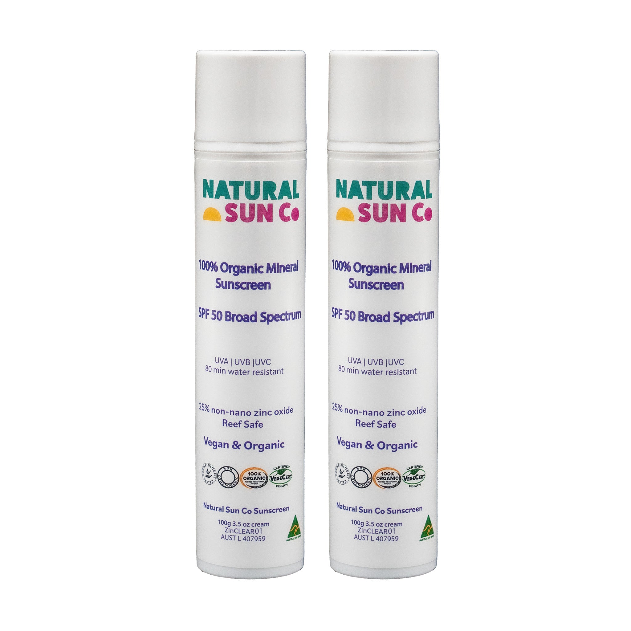 2X 100% Organic Mineral Sunscreen SPF50 Broad Spectrum